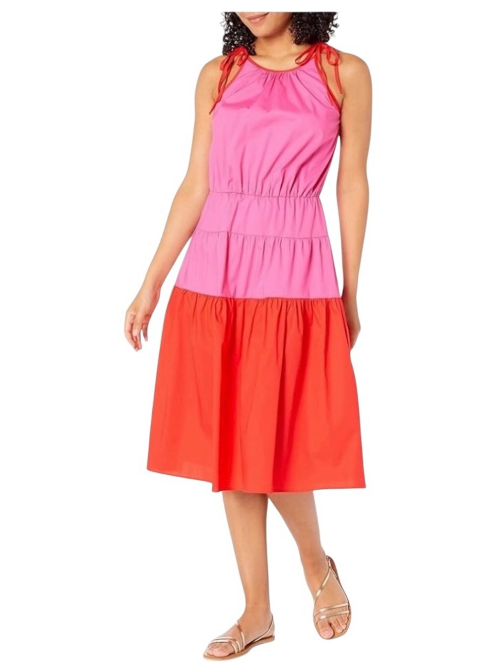 London Times Pink  Orange Colorblock Tiered Midi Dress Tie Shoulder Sleeveless L